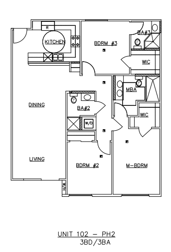 Floor plan for 3 beds, 3 baths, 1299 sqft